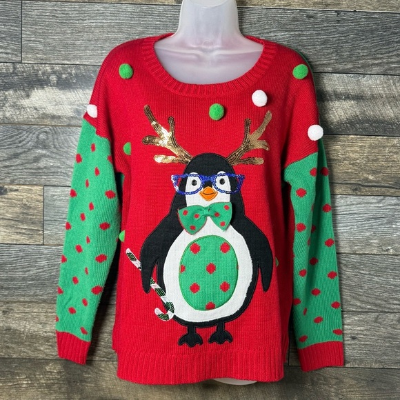 Blizzard Bay Unisex Ugly Christmas Sweater Penguin Sequins Pompoms Teacher EUC - Picture 1 of 8